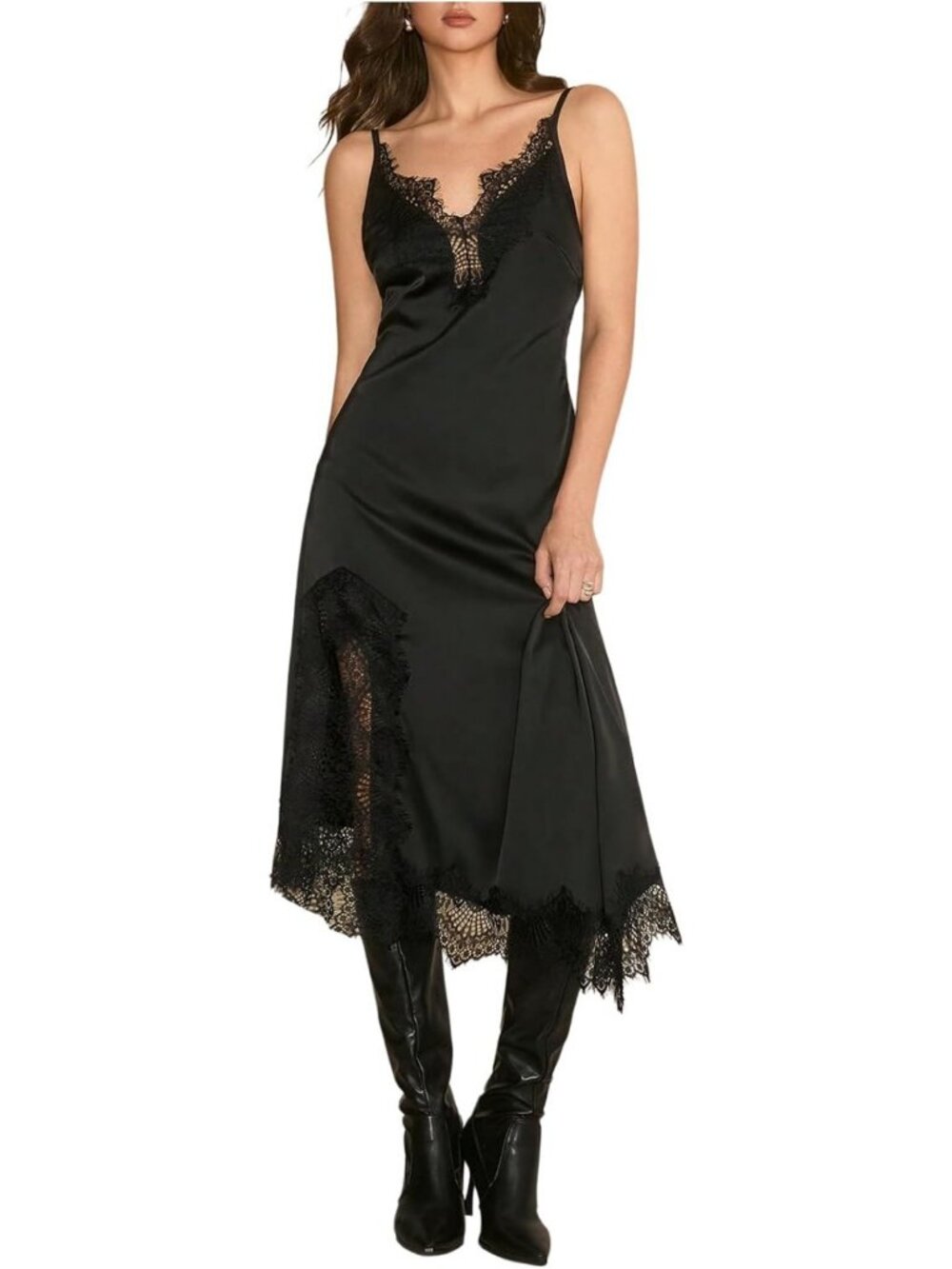 Lace Trim Maxi Dress for Women | Spaghetti Strap, Side Slit Slip Dress